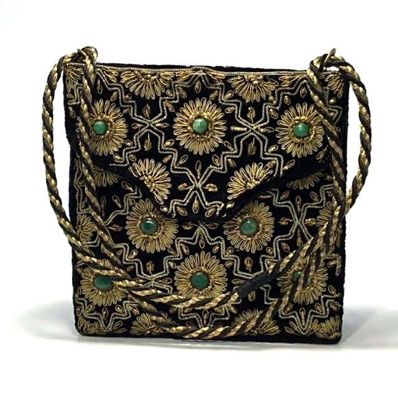 Vintage Indian Handmade Jades Embellished With Metallic Gold Details Purse - Picture 1 of 14